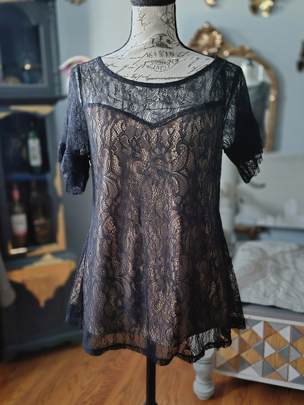 Whimsigoth Romantic Black Lace Short Sleeve Blouse Medium